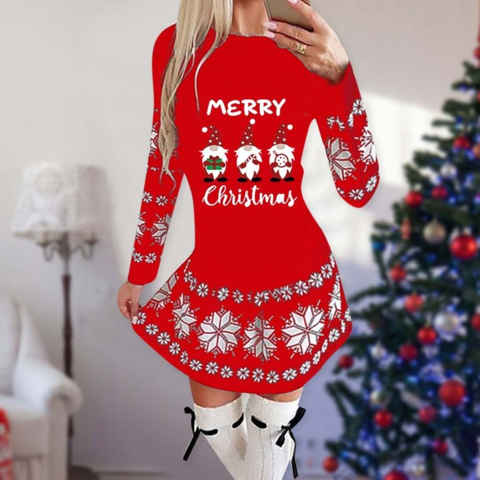 Christmas Fashion Long Sleeve Mini Print Swing Casual Dress