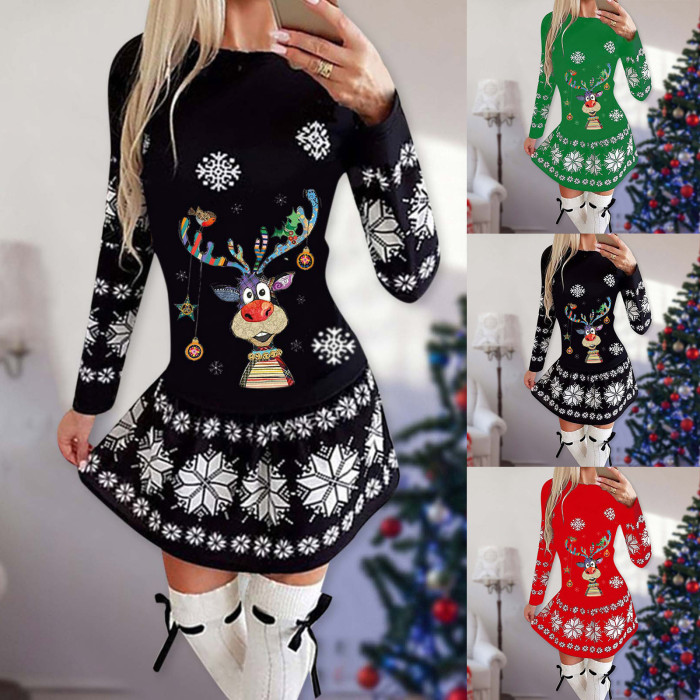 Christmas Fashion Snowflake Print Long Sleeve Loose Party  Mini Dress