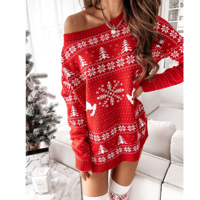 Christmas Sweater Red Long Sleeve Loose Mini Party Knit  Dress