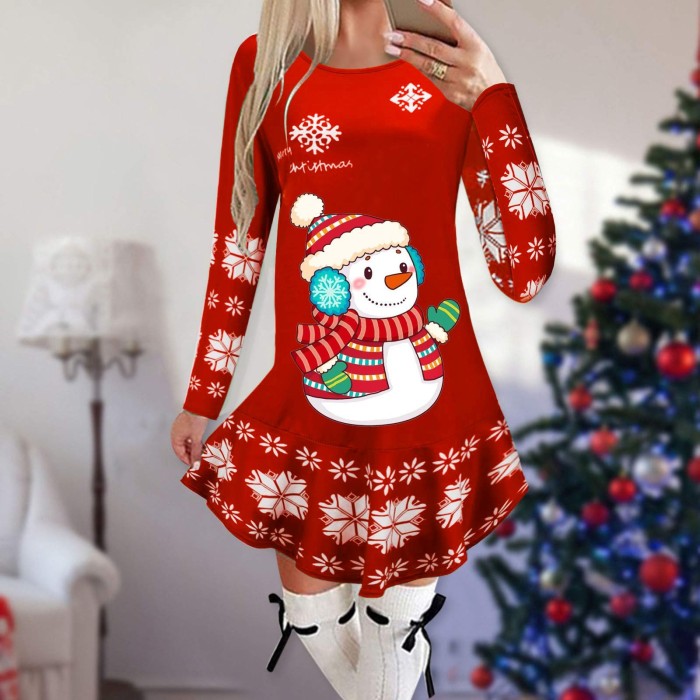 Christmas Fashion Snowflake Print Long Sleeve Loose Party  Mini Dress