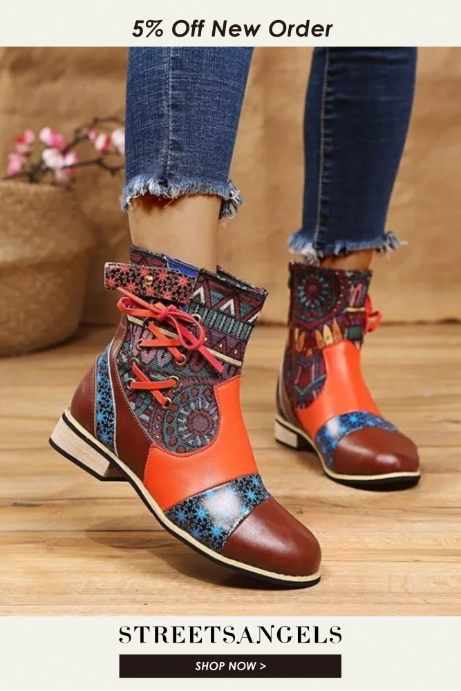 Women Ethnic Style Printing Splicing Square Heel Boots