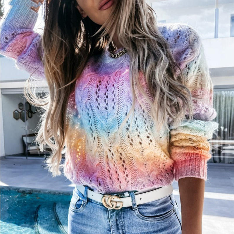Women's Rainbow Casual Tie Dye Twist Knit Fashion O Neck Sweater