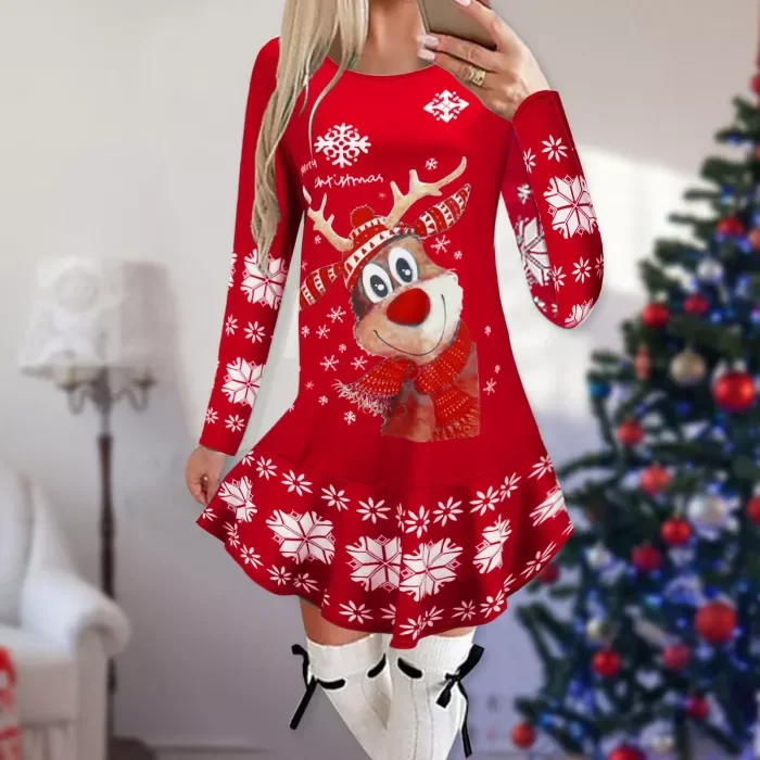 Christmas Fashion Snowflake Print Long Sleeve Loose Party  Mini Dress