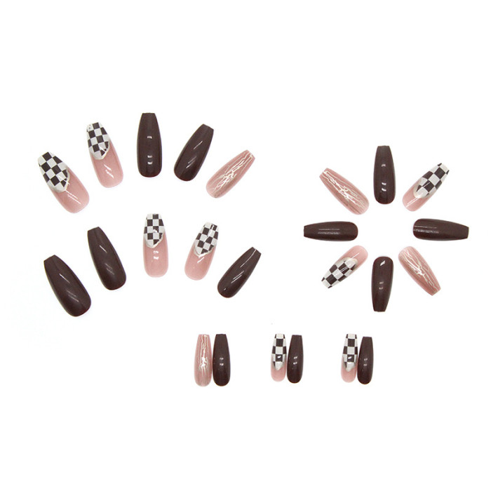 Chocolate Long Ballet Nails Gold Foil Pattern Irregular Checkerboard Nail Art