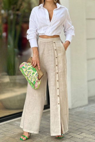 Casual Fashion Lapel Solid Color Long Sleeve Narrow Waist Top Loose Wide Leg Pants Two Pieces