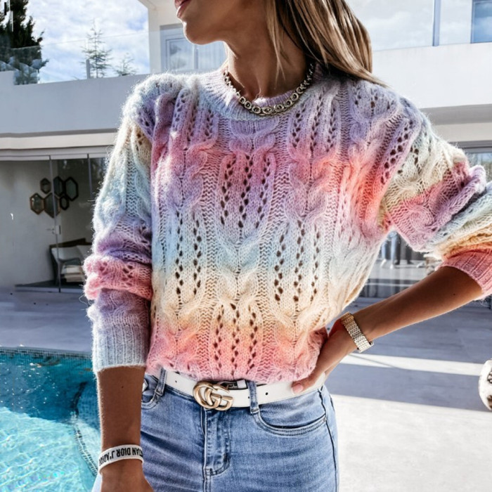 Women's Rainbow Casual Tie Dye Twist Knit Fashion O Neck Sweater