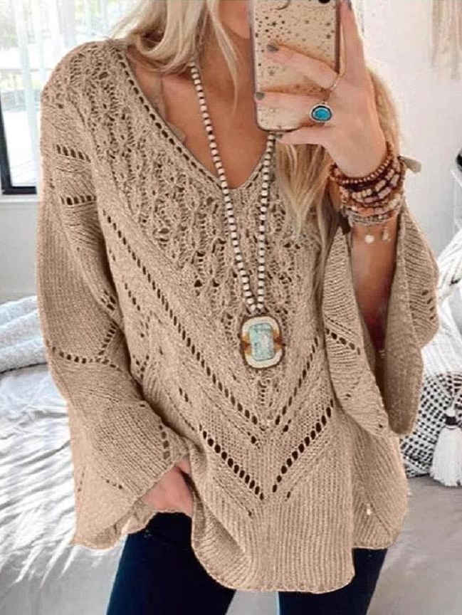 Solid Color Fashion Hollow Out Casual Loose V-Neck Sweater