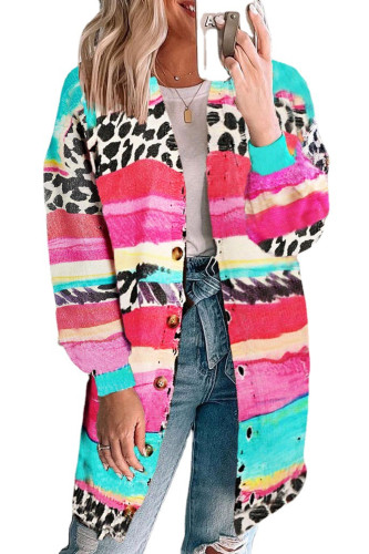 Fashion Loose Print Long Sleeve V-Neck Knit Leopard Print  Coats