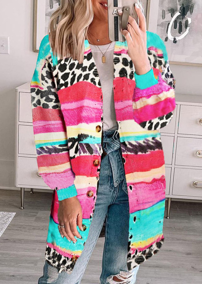 Fashion Loose Print Long Sleeve V-Neck Knit Leopard Print  Coats
