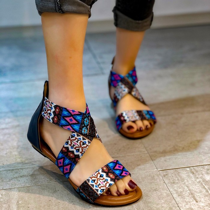 Women Bohemian Retro Print Open Toe Flat Sandals