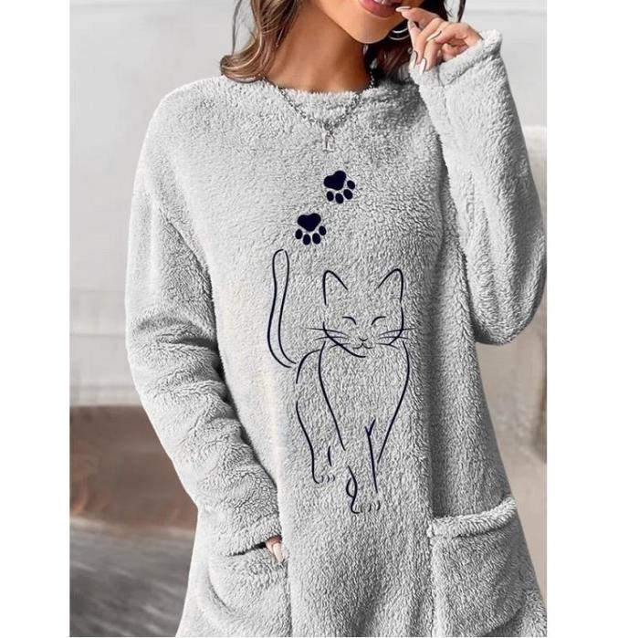 Fashion Casual Printed Long Sleeve Pocket Double Sided Fleece Sweatshirt