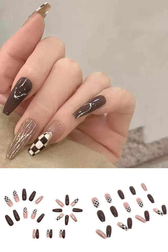 Chocolate Long Ballet Nails Gold Foil Pattern Irregular Checkerboard Nail Art