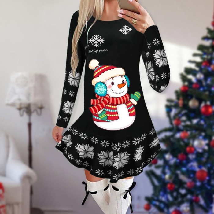 Christmas Fashion Snowflake Print Long Sleeve Loose Party  Mini Dress