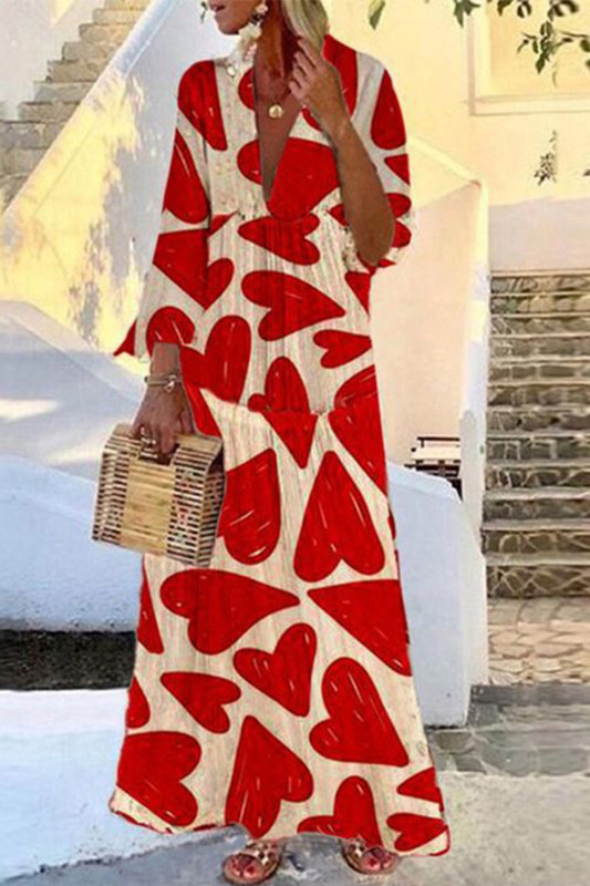 Fashion Casual High Waist Printed Trumpet Sleeve V-neck Swing  Maxi Dress