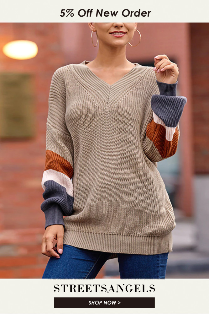 Fashion Long Sleeve Casual Loose V Neck Striped Sweater