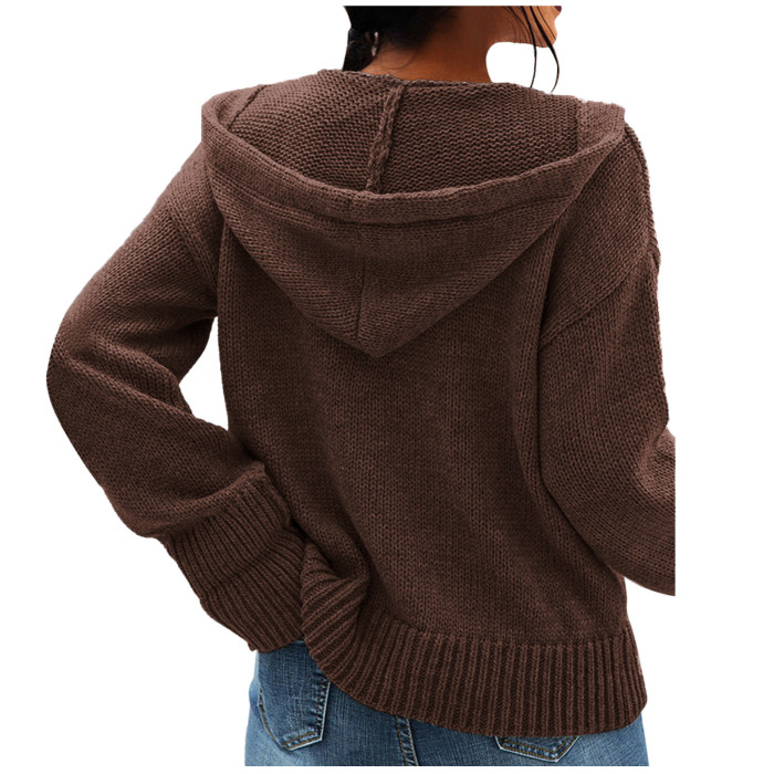 Women Hoodied Loose Solid Color Knitted Cardigan