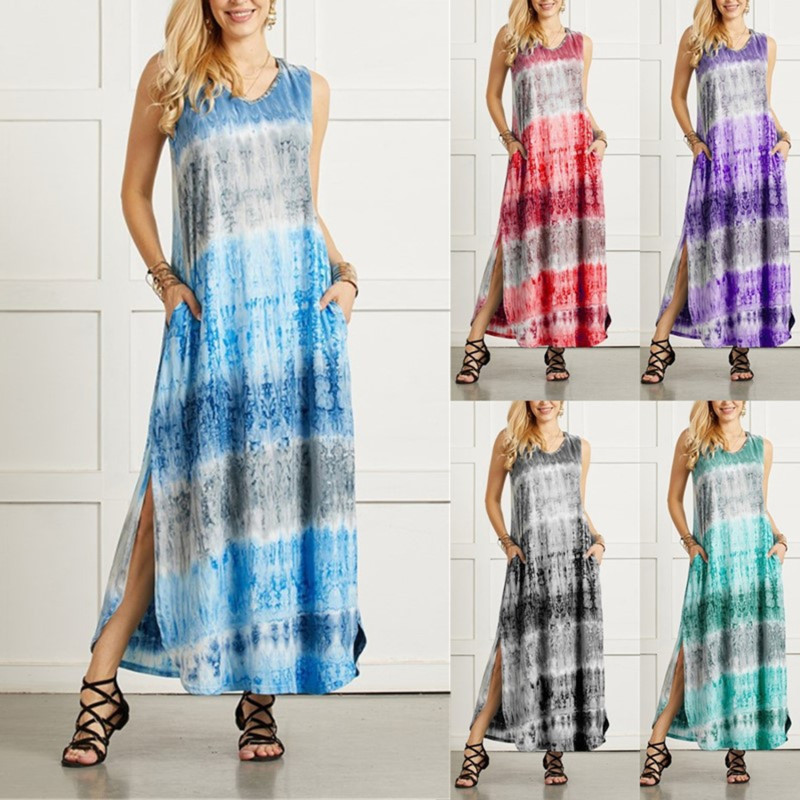Sexy Casual Tie Dye Printing Oblique Collar Sleeveless Dress Dresses