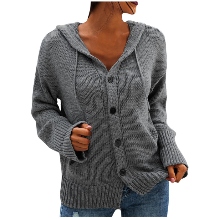 Women Hoodied Loose Solid Color Knitted Cardigan