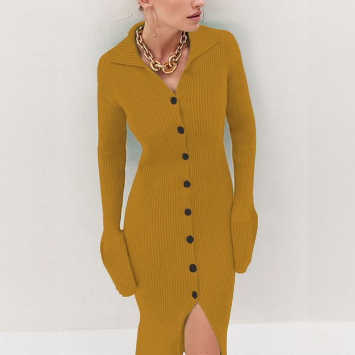 Fashion Solid Color Single Breasted Elegant Slit Slim Casual Sweater Dress
