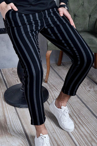Fashion Men's Office Stripe Print Slim British Lace-Up Casual Pants
