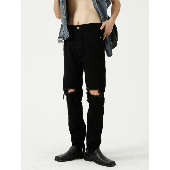 Black Slim Ripped Zipper Fashion Ripped Jeans for Men