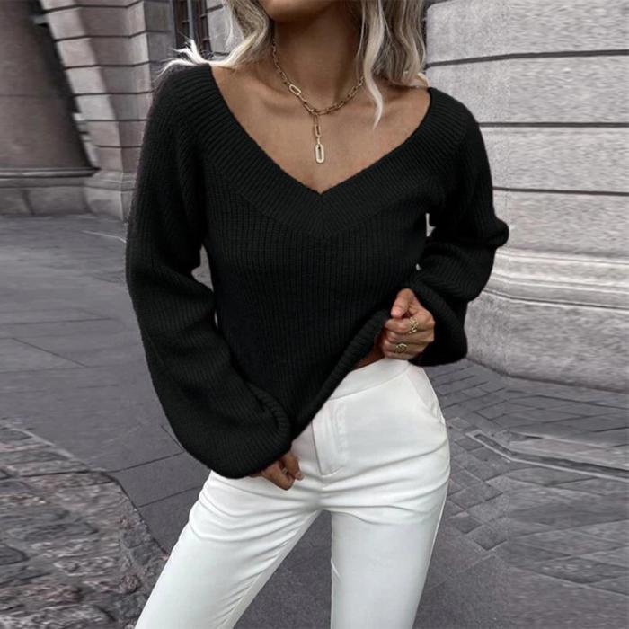 Women Warm Loose V-neck Casual Soft Sweater