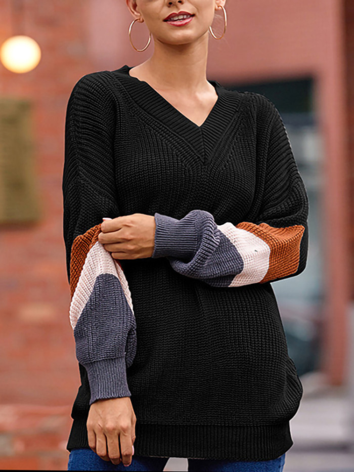 Fashion Long Sleeve Casual Loose V Neck Striped Sweater