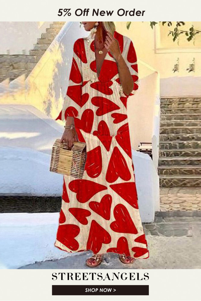 Fashion Casual High Waist Printed Trumpet Sleeve V-neck Swing  Maxi Dress