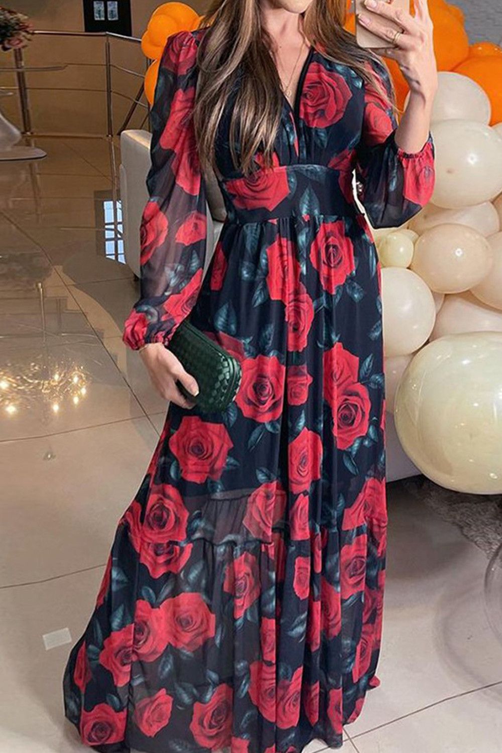 Sling Red Rose Printed Maxi Dress Elegant Dress