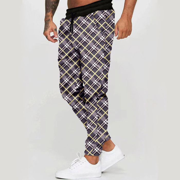 Men Fashion Striped Plaid Printed Pencil Pants