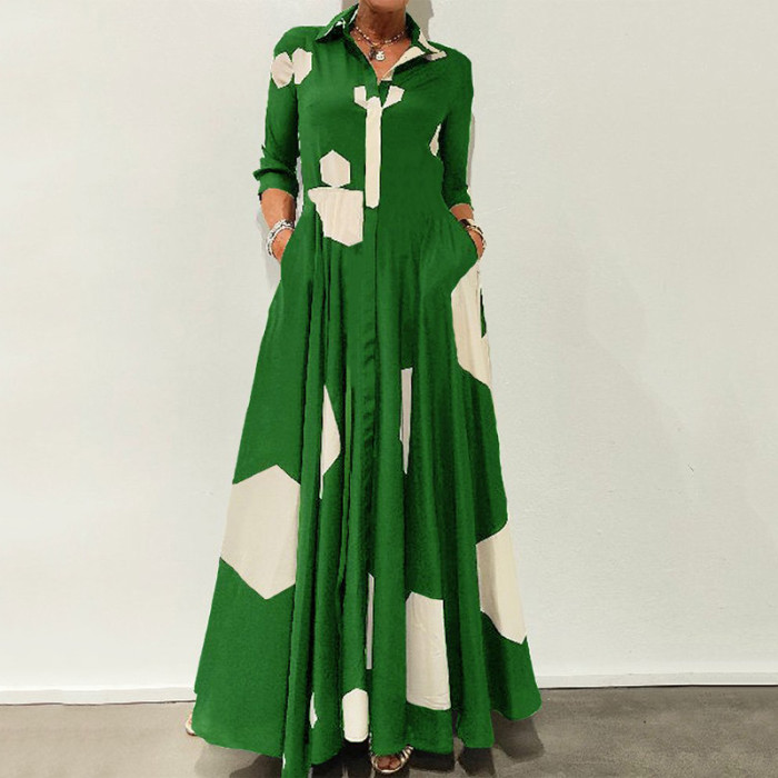 Casual Long Sleeve Geometric Print Lapel Pocket Elegant Party Fashion Maxi Dress