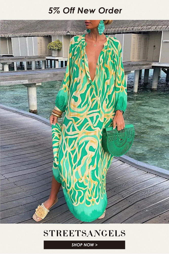 Elegant V Neck Bohemian Long Sleeve Printed Loose  Maxi Dress