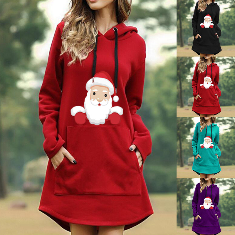 Christmas Fashion Casual Printed Mini Hooded Sweatshirt Dress
