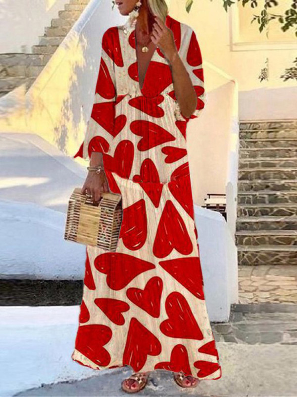 Fashion Casual High Waist Printed Trumpet Sleeve V-neck Swing  Maxi Dress