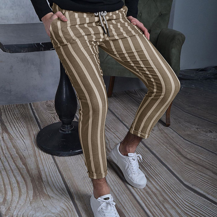 Fashion Men's Office Stripe Print Slim British Lace-Up Casual Pants
