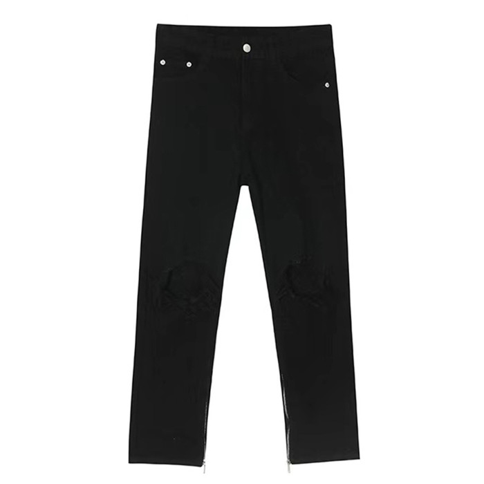 Black Slim Ripped Zipper Fashion Ripped Jeans for Men