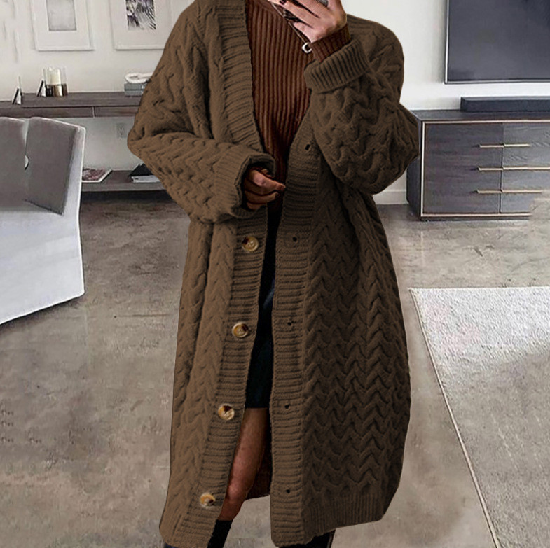 Women Vintage Thicken Warm Solid Loose Mid Length Cardigan