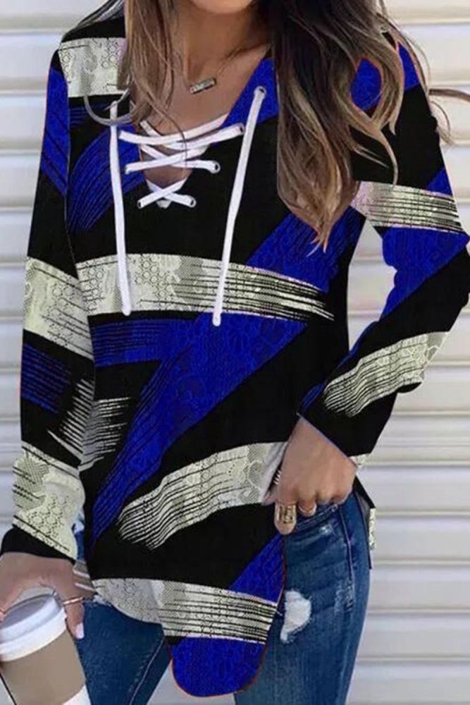 Women Drawstring V Neck Patchwork Full Sleeve Sweatshirts