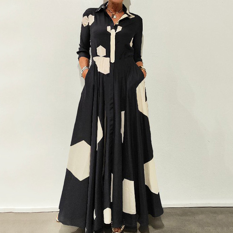 Casual Long Sleeve Geometric Print Lapel Pocket Elegant Party Fashion Maxi Dress