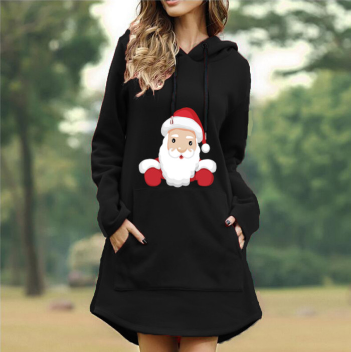 Christmas Fashion Casual Printed Mini Hooded Sweatshirt Dress