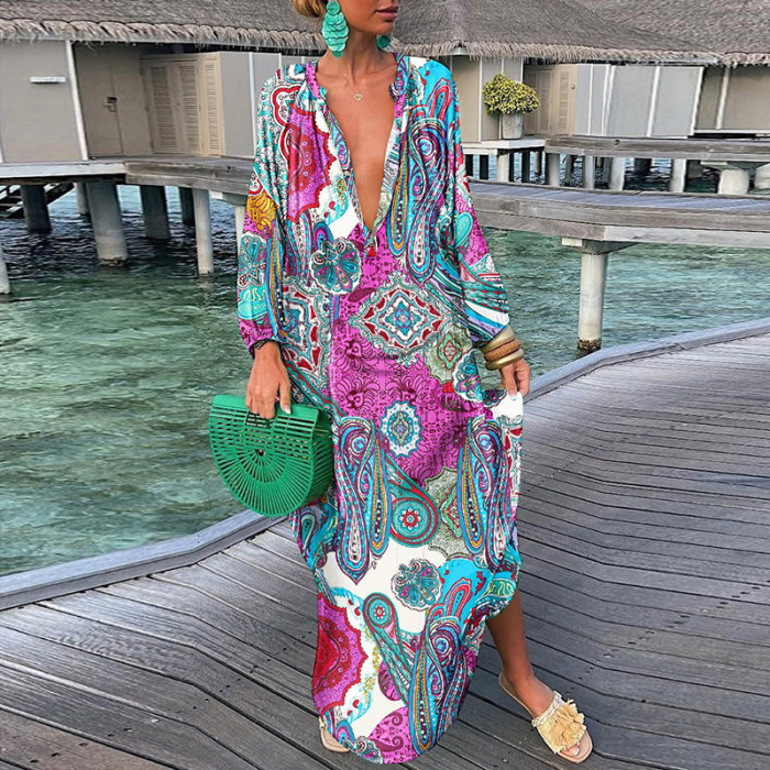 Elegant V Neck Bohemian Long Sleeve Printed Loose  Maxi Dress