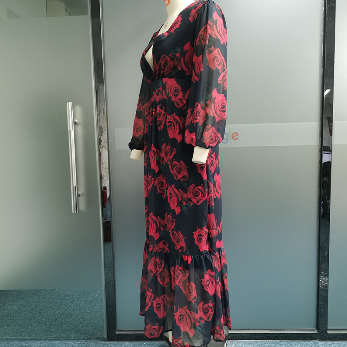 Fashion Elegant Sexy Long Sleeve Rose Print V Neck Maxi Dress