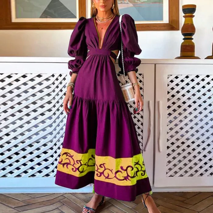 Boho V-Neck Temperament Puff Sleeve Pleat Maxi Dress