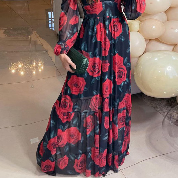Fashion Elegant Sexy Long Sleeve Rose Print V Neck Maxi Dress