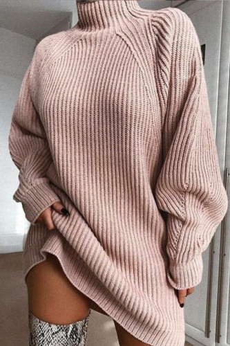 Turtleneck Long Sleeve Loose Tunic Knit Casual Solid Color Sweater Dress