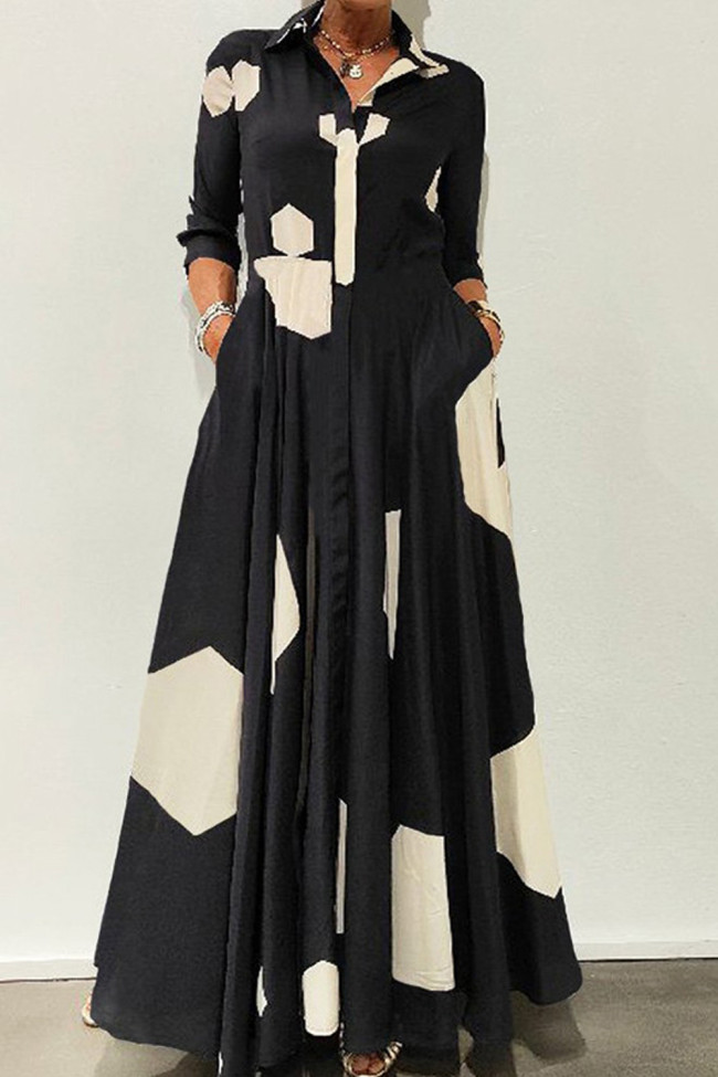 Casual Long Sleeve Geometric Print Lapel Pocket Elegant Party Fashion Maxi Dress