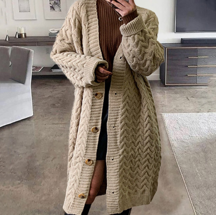 Women Vintage Thicken Warm Solid Loose Mid Length Cardigan