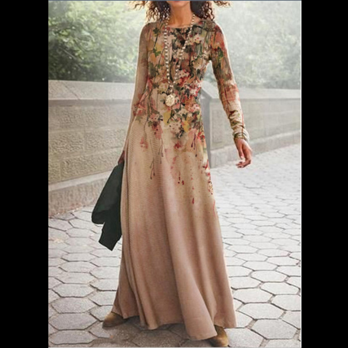 Fashion Long Sleeves Casual Round Neck Elegant Retro Print Maxi Dress