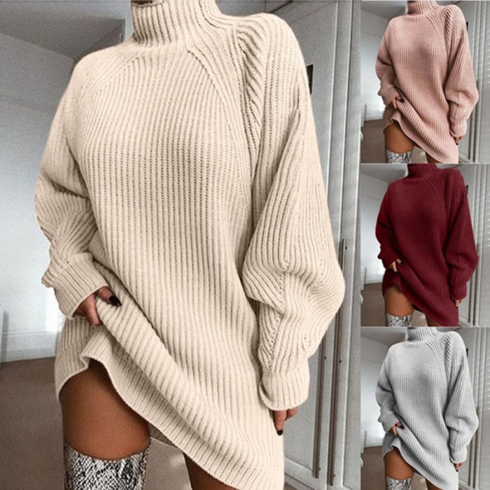Turtleneck Long Sleeve Loose Tunic Knit Casual Solid Color Sweater Dress