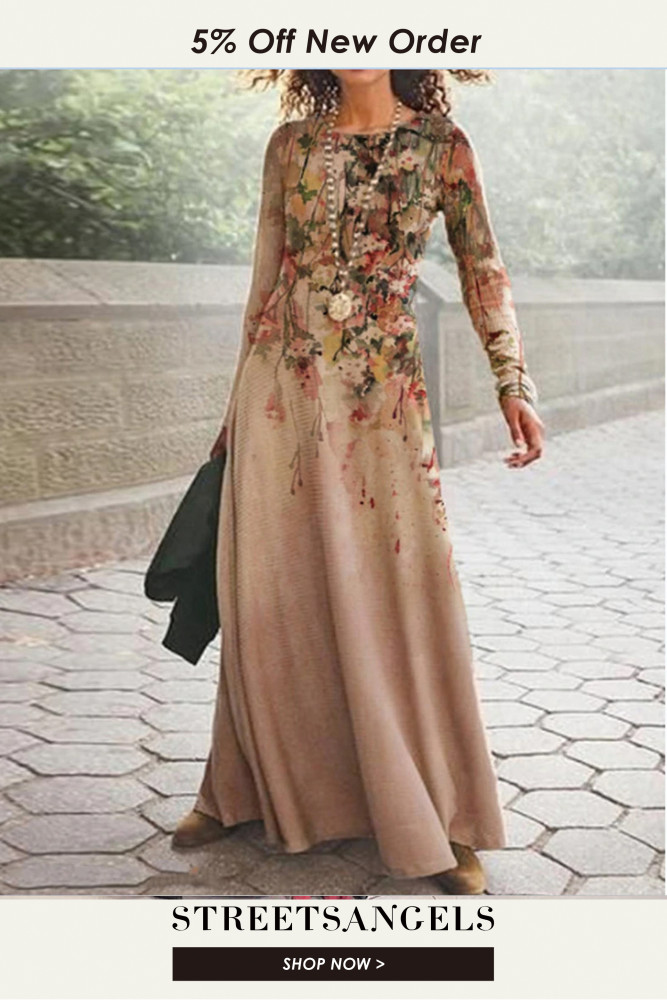 Fashion Long Sleeves Casual Round Neck Elegant Retro Print Maxi Dress